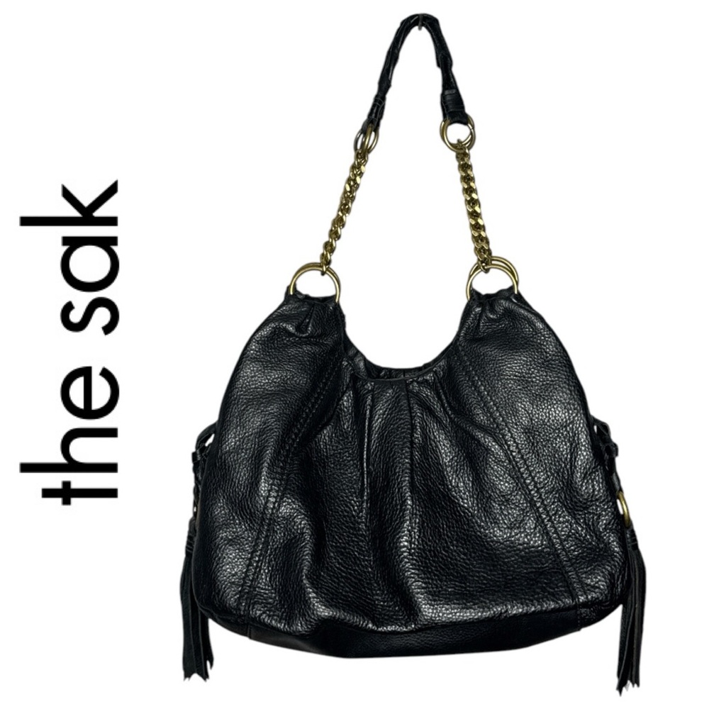 THE SAK PEBBLED BLACK LEATHER TASSELED GOLD CHAIN STRAP SHOULDER HOBO BAG